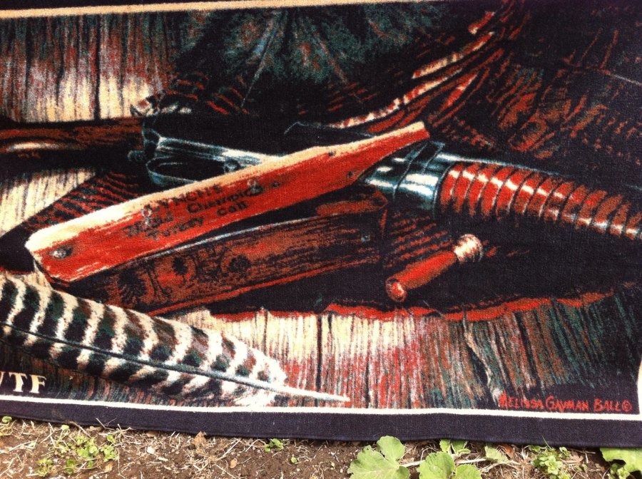 What's 'Bound rug 31/2 x 51/2 by Melissa Gayman Ball of Lynch turkey call, shotgun, shell. With NTWF on it' Worth? Picture 1