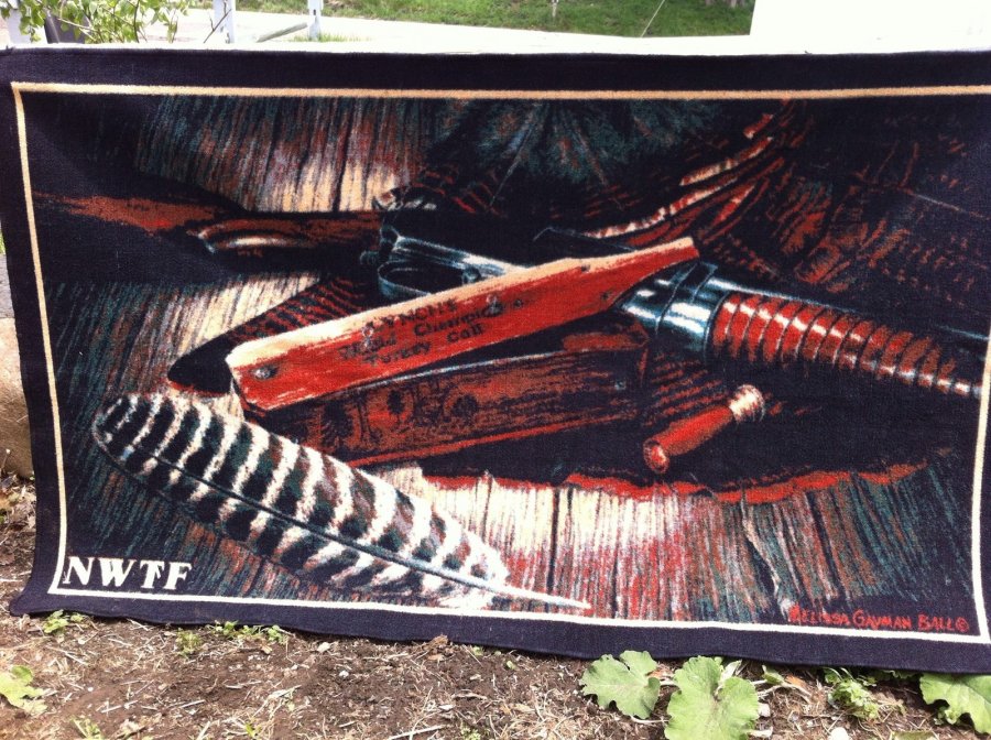 What's 'Bound rug 31/2 x 51/2 by Melissa Gayman Ball of Lynch turkey call, shotgun, shell. With NTWF on it' Worth? Picture
