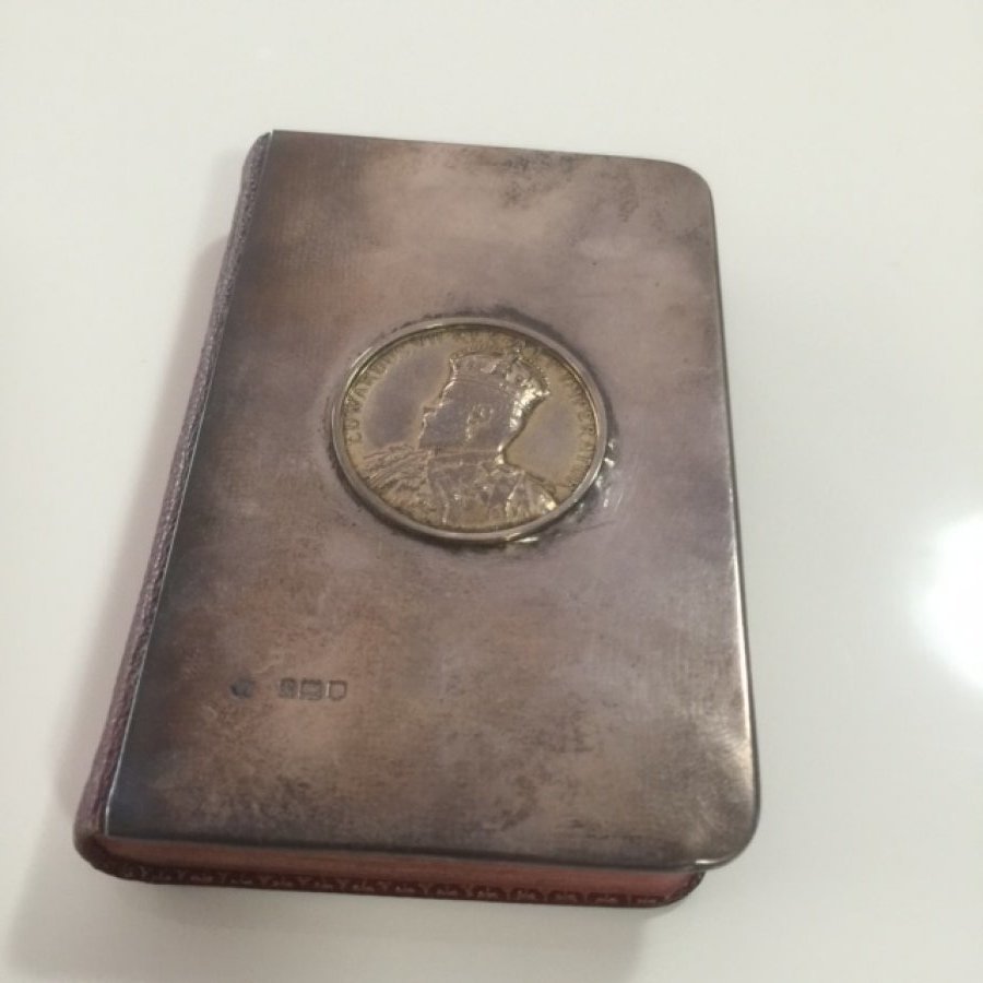 What's 'a souvenir of King Edward VII Queen Alexandra Coronation Hymn book 1902 metal cover' Worth? Picture